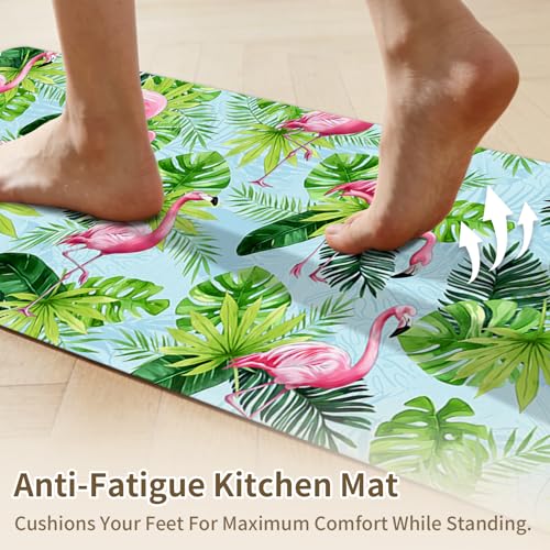 Green Leaves Kitchen Rug Set, 2 Piece Non-Slip Floor Mat with Colorful Daisy Flower Design - color: Green Leaves
