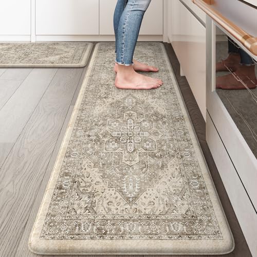 KIMODE Anti Fatigue Kitchen Mats 17"x59"+17"x29",Boho Kitchen Rugs Set of 2 | Non-Slip Cushioned Kitchen Mats for Floor, Waterproof Kitchen Floor Mats for Sink, Laundry, Office, Desk Khaki - color: Khaki/Multi, size: 17.3" x 59"+17.3" x 29"--0.47 inches