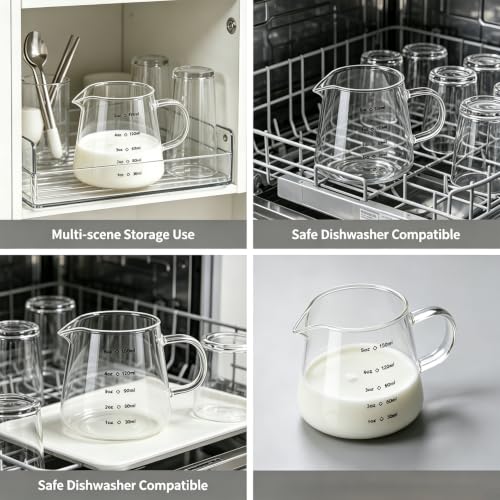 150ml/250ml High Borosilicate Glass Measuring Creamer Pitcher with Scale, Clear Glass Milk Cup for Coffee, Espresso, Milk, Baking and Kitchen