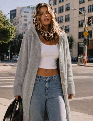 CiCiBird Womens Fall Long Cardigan Sweater Hooded Button Coat | Side Pockets, Loose Midi Length, Cozy Texture, Soft Lightweight Knit, Lounge To Outdoor Wear, Daily Layering, House Coat - color: Grey, size: X-Large