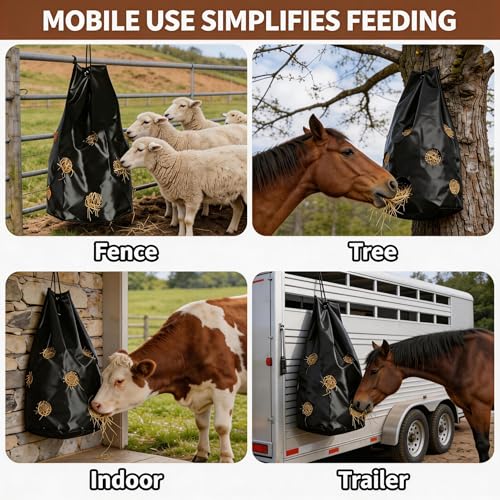 Hay Bag for Horses, Rugged Slow Feed Hay Bags for Goats,Sheep,Donkey,Cows, Alpacas and Ostriches, Premium PVC Waterproof Horse Feeder with 9 Holes,Tear-Resistant, Easy to Fill, Large Opening