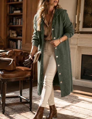 CiCiBird Womens Fall Long Cardigan Sweater Hooded Button Coat | Side Pockets, Loose Midi Length, Cozy Texture, Soft Lightweight Knit, Lounge To Outdoor Wear, Daily Layering, House Coat - color: C Armygreen, size: Small