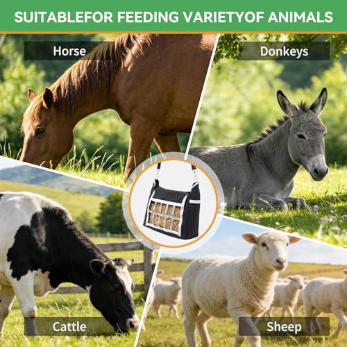 Slow Feeder Horse Hay Bag, Design for Goats ,Horse ,Donkey ,Sheep, Premium Oxford Hay Feed Bags with Front Hay Nets Design, Large Opening with Drawstring and Adjustable Strap for Easy Hanging, 2pcs - size: 2 Pcs