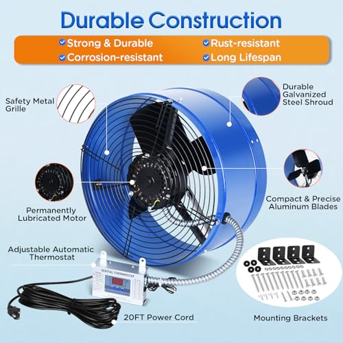 15" Attic Exhaust Fan with Thermostat - 1300CFM Gable Vent Fan with Thermostat Covers 1850 Sq.ft, Plug-and-Play Gable Attic Fans with 20FT Power Cord & 60Hz Motor Low Noise for Home Garage Shed - size: 1300CFM