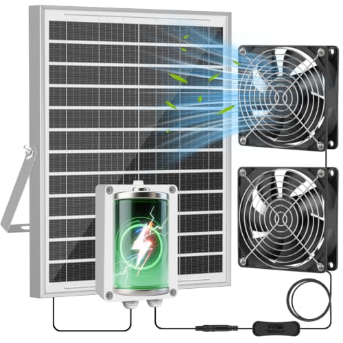 Solar Powered Fan Kit with Battery, Solar Powered Fan for Shed & Greenhouse, for Intake or Exhaust Vent Cooling for Chicken Coop, Dog House