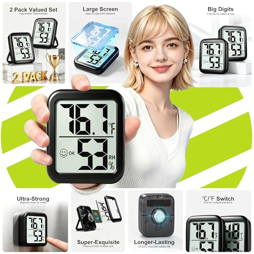 Antonki 2 Pack Room Thermometer Indoor Hygrometer | Monitor Temperature & Humidity, Accurate, Fast Read, Easy To View, Magnetic/Kickstand/Hanging, ℉/℃, w/ Battery, Compact - color: 2 Pcs * Classic Black ( 97%+ Choice )