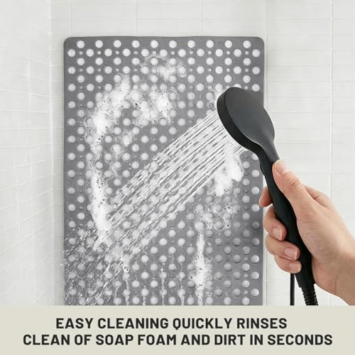 Extra Large Non Slip Shower Mat 47 x 32 in TPE,Grey | Large Square Shower Mat for Inside Shower, Quick Drain Holes, Strong Suction Cups, Textured Surface, Soft TPE