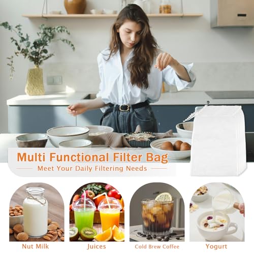 6 Pack Nut Milk Bag Reusable 6x8 Inches Food Strainers, Fine Nylon Mesh Nutmilk Mesh Bag for Straining Almond/Soy Milk, Greek Yogurt, Cold Brew Coffee, Tea, Beer; Celery Juice - size: 6×8