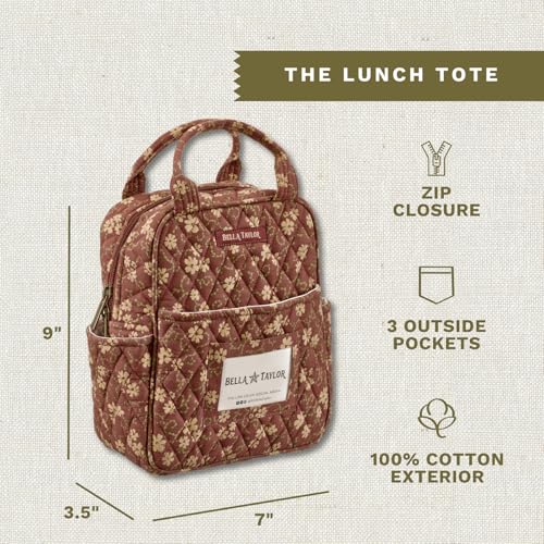 Bella Taylor Lunch Tote, Quilted Lunch Bag, Burgundy Floral | Lightweight quilted cotton lunch box, easy-to-clean PEVA lining, 3 outside/1 inside pocket, durable construction - color: Burgundy Floral