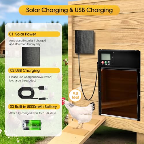 6W Solar Panel for Automatic Chicken Coop Door Compatible with Chicken Coop Door with DC/USB-C Port, Built-in 8000mAh Battery, with 9.8ft DC Cable & DC to USB-C Adapter Cable, IP65 Weatherproof