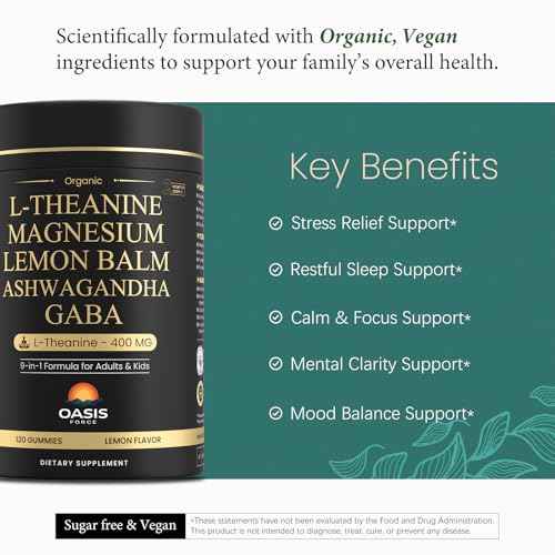 L-Theanine 400mg Gummies, L Theanine Supplement for Kids & Adults with Magnesium Glycinate, GABA, Ashwagandha, L'theanine Chewable for Restful Sleep, Stress Support, Relaxation, Calm, 60 Day Supply