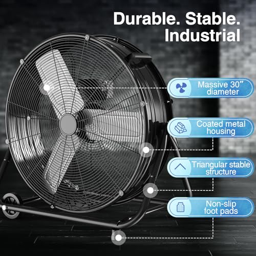Air Choice 30 Inch Industrial Fan, 14000CFM High Velocity Shop Fan, 3 Speeds, 360° Tilt, 550W All Metal Heavy Duty Drum Fan, Outdoor Fan for Commercial, Workshop, Warehouse, Garage, Gym, Factory - size: 30 inches