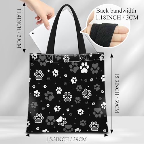 Canvas Tote Bag for Women，Cute Heavy-Duty Shoulder Bag with Zipper Pocket -Travel Tote for Grocery, Gym,Shopping - color: Dog Paw Print and Star