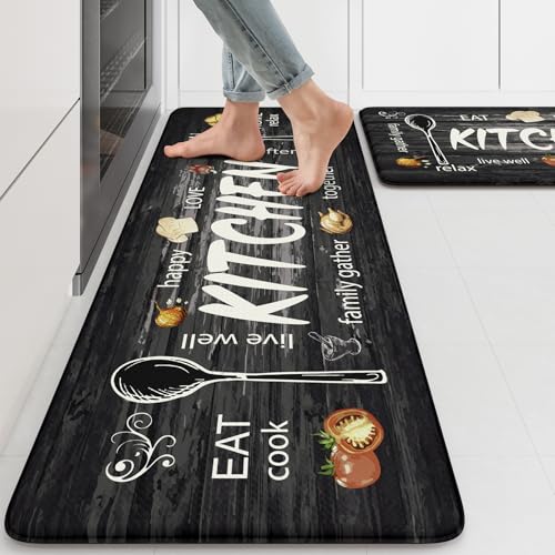 KIMODE Kitchen Mats,Grey Anti Fatigue Kitchen Rugs Sets of 2 Home RV Decor | Non Slip Waterproof Farmhouse Kitchen Floor Mats,Cushioned Comfort Standing Mat for Laundry,Sink,Desk,Bathroom - color: Kitchen/Grey, size: 17.3" x 47"+17.3" x 29"--0.47 inches
