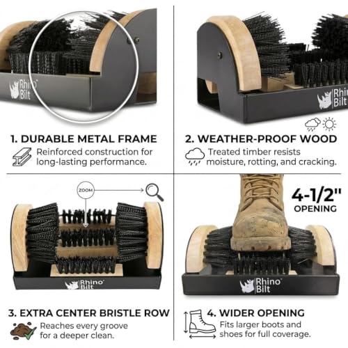 Deluxe Boot Scrubber, Outdoor Shoe Scraper Brush, Extra Wide | Steel Base & Weatherproof Wood, Heavy Duty Boot Cleaning Brush for Mud, Dirt & Snow, Ideal for Garden, Farm, Golf Course