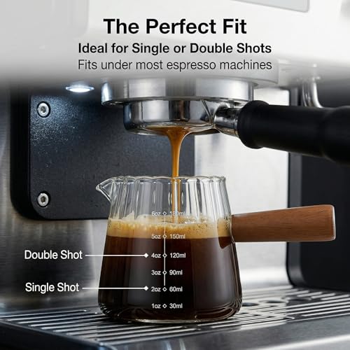 6 oz Espresso Cups With Wood Handle, Espresso Accessories, Ribbed Milk Frothing Pitcher, Glass Measuring Cup, Shot Glass with V-Shaped Mouth, Coffee Bar Epresso Shots Cup