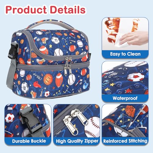 FlowFly Double Decker Cooler Insulated Lunch Bag Large Tote for Boys, Girls, Men, Women, With Adjustable Strap, Football - color: Football