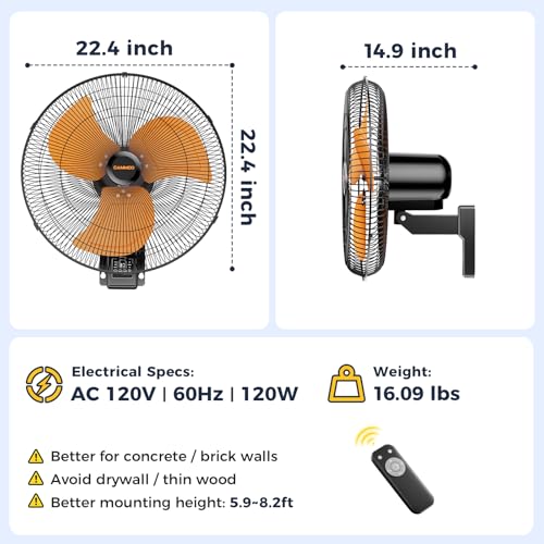 CAMMOO 20 Inch Wall Mount Fan Oscillating, Wireless Remote & Button Control | 32ft Wireless Control, 6.6ft Power Cord, Supports 3-Speed, 8H Timer, Sleep & Natural Mode, High Velocity Wall Fan