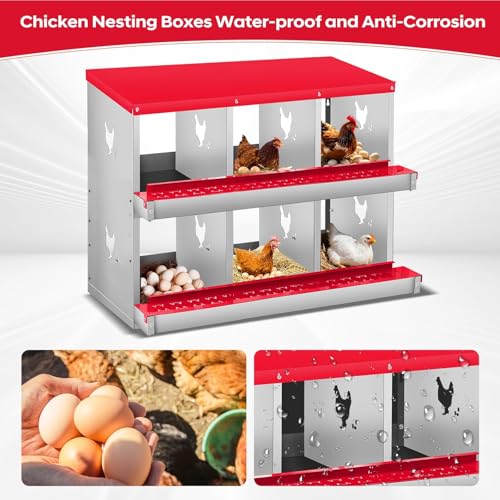3-Compartment Chicken Nesting Box, Heavy Duty Galvanized Steel Poultry Nest Box, Wall Mount/Freestanding Design for Hens, Ducks, Backyard Homesteads & Farm Use, Red, 10 Mats &4 Eggs, No Stand - color: Red, size: 3 Room&Mat eggs