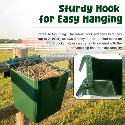Horse Feed Bucket, 15 Quart Plastic Stall Hook Over, Green 4-Pack | Sturdy Hooks Secure to Gates or Fences, Versatile Bucket Suits Goats, Sheep, Livestock in Farms, Workshops, Yards