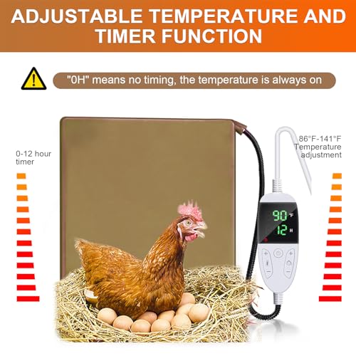 Chicken Heating Pad Chick Brooder Pad Poultry Heated Mat Adjustable Digital Thermostat Brood Heater Warming Blanket with Timer Anti Bite Wire Warmer Bed for Small Animal Pet 15.7 x 23.6 inch