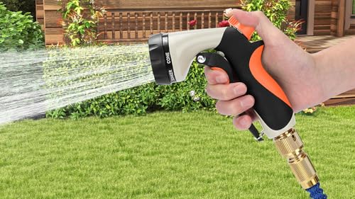 Garden Hose Nozzle, Heavy Duty Metal Water Nozzle with 8 Adjustable Spray Patterns, High Pressure Ergonomic Flow Control for Watering Plants, Lawns, Washing Cars, Pets, Black with Orange