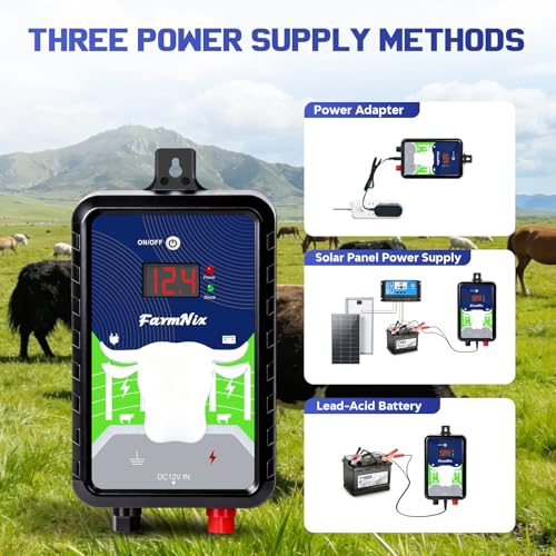 15 Miles Electric Fence Charger, 4 Joules Energy Output 12KV Output Voltage, AC DC Electric Fence Energizer with LED Display for Preventing Wild Animals Intruding Great for Gardens, Poultry - color: Black