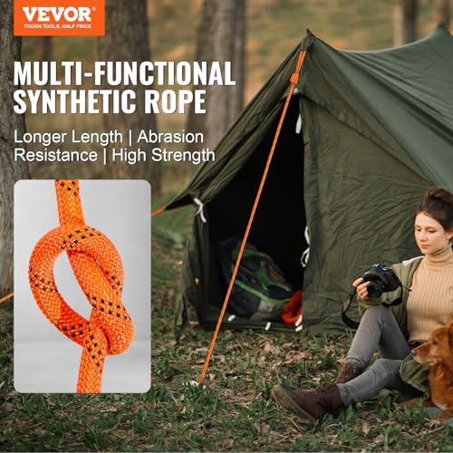 VEVOR Double Braided Polyester Rope, 1/2 in x 220 ft, 48 Strands, 8000 LBS Breaking Strength Outdoor Climbing Rope, Arborist Rigging Rope for Rock Hiking Camping Swing Rappelling Rescue, Orange/Black - size: 1/2 Inch x 220 FT, style: Polyester