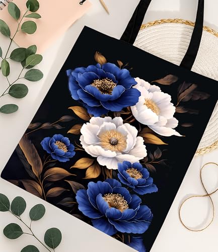 Aesthetic Floral Canvas Tote Bag - Reusable Shoulder Tote Bag for Women Lady Casual Vacation, Shopping, Work, Gym - color: Dark Floral_01