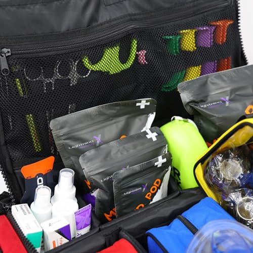 Lightning X Fully Stocked X-Tuff Modular Oxygen Trauma Bag w/Removable Organizer Pouches for EMS/EMT + First Responder - Red - color: Red