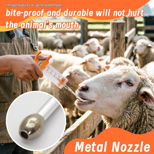 2 Pcs Goat Syringe Reusable Adjustable Goat Drench Syringe with 2 Drench Nozzle and Needles, Feeding Supplies for Cattle, Sheep, Goats, Horse, Pig, Dog (Orange, 20ML+50ML) - color: Orange, size: 20ML+50ML