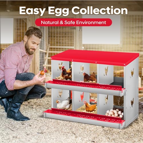3-Compartment Chicken Nesting Box, Heavy Duty Galvanized Steel Poultry Nest Box, Wall Mount/Freestanding Design for Hens, Ducks, Backyard Homesteads & Farm Use, Red, 10 Mats &4 Eggs, No Stand - color: Red, size: 3 Room&Mat eggs