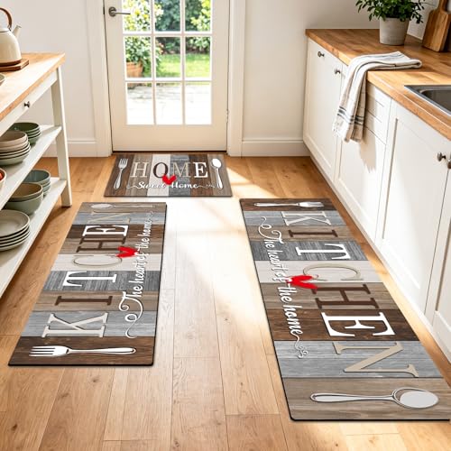 Kitchen Rugs Set 3 Piece, Non Slip Kitchen Mats for Floor, Soft Fabric with Rubber Backing, Farmhouse Anti Fatigue Runners Carpet for Home Kitchen Laundry Room Hallway (Rustic Brown & Grey) - color: Rustic Brown & Grey