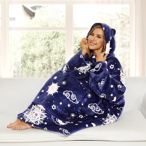 THREE POODLE Wearable Blanket Hoodie for Women, Oversized Sherpa Sweatshirt Blanket for Adults Men, Cozy Hooded Blankets, Glow In the Dark, Gifts for Teen Girls Women Mom Sister - color: Luminous Blue Star, size: Adult