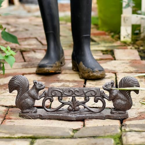 Sungmor Cast Iron Boot Scraper, Rustic Black Squirrel Boot Cleaner | Garden Front Door Entrance Shoe Scrubber Mat, Farmhouse Outdoor Patio Decorative Mud Cleaner