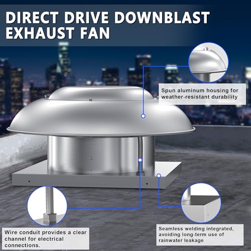 Roof Mounted Exhaust Fan Direct Drive Axial Downblast Exhaust Fan -26" Fan Base, 1/3 HP 2400 CFM 115 Volt Single Phase Motor - size: RMD18