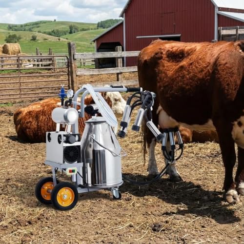 Portable Cow Milking Machine, Electric Milker with 25L Stainless Steel Bucket, 45–50 KPA Vacuum Milking Equipment for Small Farms, Silicone Cups & Tubes for Cows and Goats