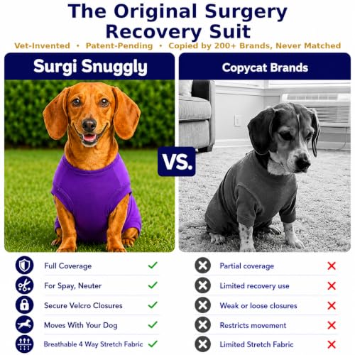 Surgi Snuggly Dog Surgery Recovery Suit, Cone Alternative, Spay/Neuter SL | Dog Recovery Suit for Dogs — Veterinarian-Invented Surgical Suit & Recovery Onesie with Easy Bathroom Access After Surgery - color: Perfect Plum, size: Small Long (L-12"-15" | G-1