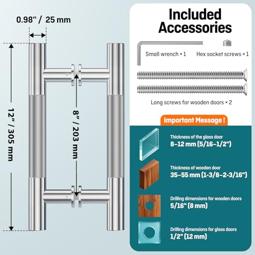 Ranbo 12" Knurled Door Pull Handle, 8"(203mm) CTC, Polished Chrome | Heavy Duty 1.5mm 304 Stainless Steel, Back to Back Pull Handles for Shower, Barn, Commercial Doors, Enhanced Grip - size: 12 Inch