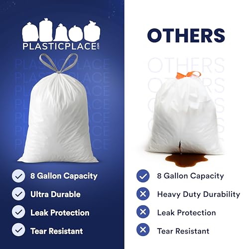 Plasticplace 8 Gallon Trash Bags: Premium White Drawstring Garbage Bag, 0.7 Mil Thickness, Durable Trash Can Liners, Garbage Bags for your Trash Can, Ring Size 22" x 22" (Pack of 100) - size: 100 Count (Pack of 1)