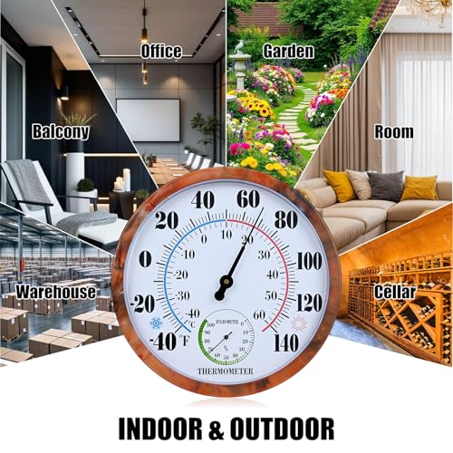 10 Inch Indoor Outdoor Thermometer Hygrometer Combo | Large Dial Analog Temperature Humidity Gauge, Wall Mount Weather Thermometer for Home Patio Greenhouse Garage Room - color: Brown