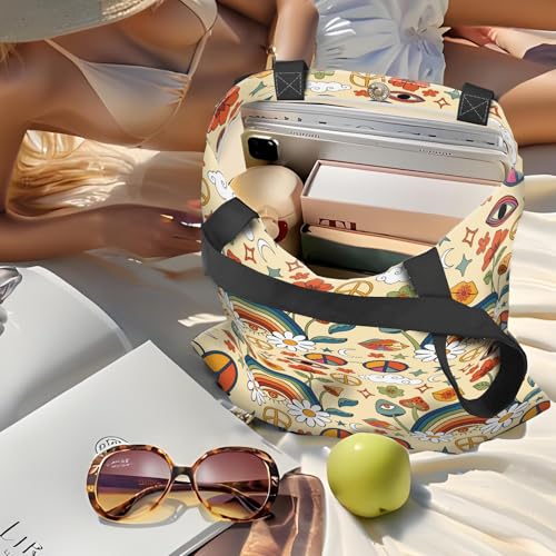 Canvas Tote Bag for Women，Cute Heavy-Duty Shoulder Bag with Zipper Pocket -Travel Tote for Grocery, Gym,Shopping - color: Mushroom Rainbow Flower