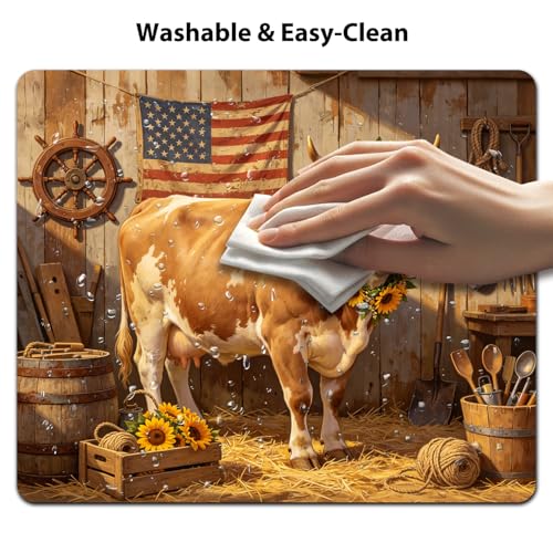 Farm Cow with Sunflower Wreath Mouse Pad 9.5" x 7.9", American Flag Rustic Barn Cute Desk Mat, Country Aesthetic - color: Cow with Sunflower
