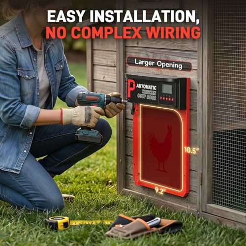 Automatic Chicken Coop Door with Solar Panel | Upgrade Door Opening, Anti-Pinch, Remote Control, Timer & Light Sensor, Weather Proof, 4 Modes, Easy Install - color: Red