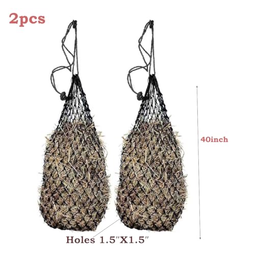 2 Pcs Ultra Slow Feed 1.5"x1.5" Holes 40” Hay Net, Durable Slow Feeder Hay Nets for Horses Goat Feed(Black