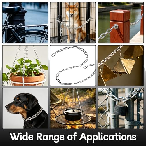 6 Pack 304 Stainless Steel Chain with 12 M4 Carabiners, 4mm x 1m (3.28ft) | Hanging Plants Bird Feeders, Porch Swings Gate and Fence, Durable Silver Chain for Indoor & Outdoor Use, 4MM Metal Chain Link - size: 1m-6pcs-4mm