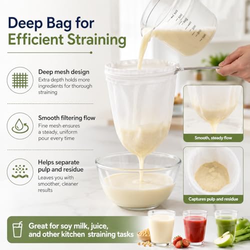 RAINFLOW 3PCS Ultra Fine Mesh Strainer Bags with Stainless Steel Handle | Reusable Nut Milk and Cheesecloth Filter Bags for Straining Milk, Coffee, Juice, Yogurt and Other Kitchen Foods