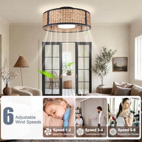 20" Boho Caged Ceiling Fan with LED Light and Remote Flush Mount | Woven Rattan Fandelier Low Profile Small Chandelier for Bedroom Kitchen Living Room 3CCT Dimmable Reversible DC Motor 6 Speed