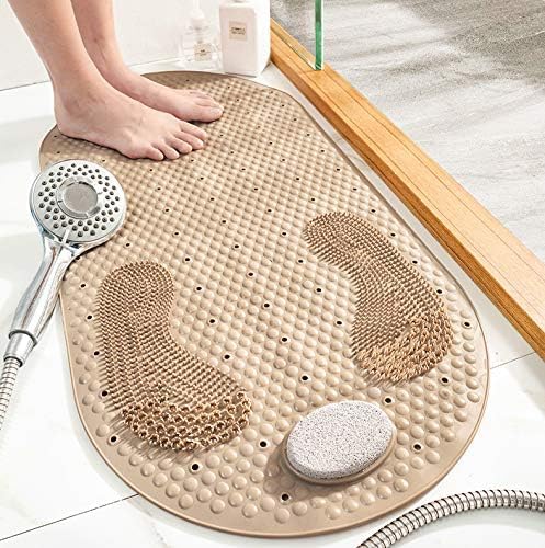 Shower Mats Bath Mat Non Slip Bath Mats for Tub Grinding Floor Massage Mat Foot Scrubber with Removable Pumice Stone 15.7 x 31.4 inch Soft Bathtub Mat with Suction Cups & Drain Holes (Beige) - color: Beige