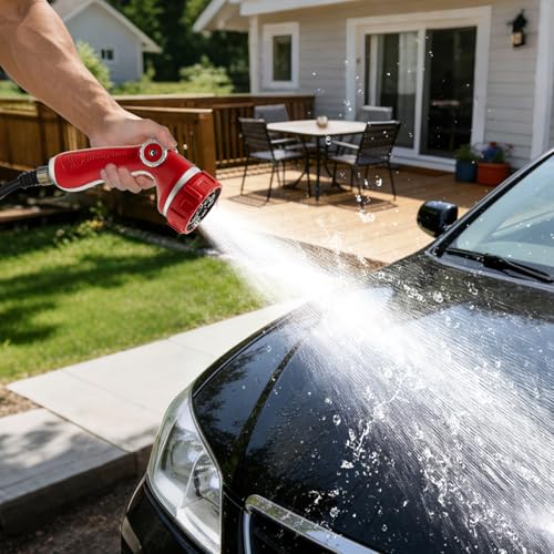 HugeDawn Garden Hose Nozzle with 7 Spray Patterns, Heavy Duty Metal Sprayer 30% Greater Water Flow for Watering, Car Wash, Outdoor Cleaning (Red) - color: Red